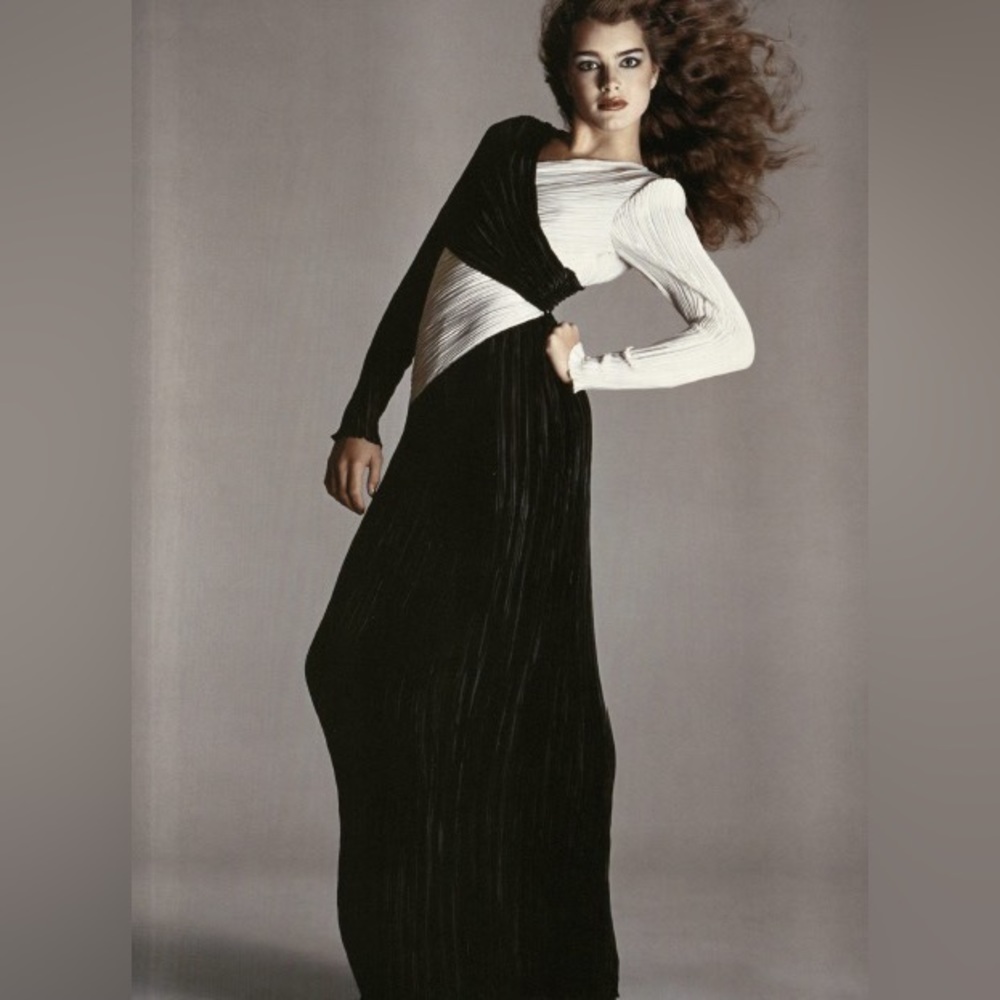 Mary McFadden Brook Shields Color Block Pleated Panel Floor Length Evening Gown - Picture 1 of 13